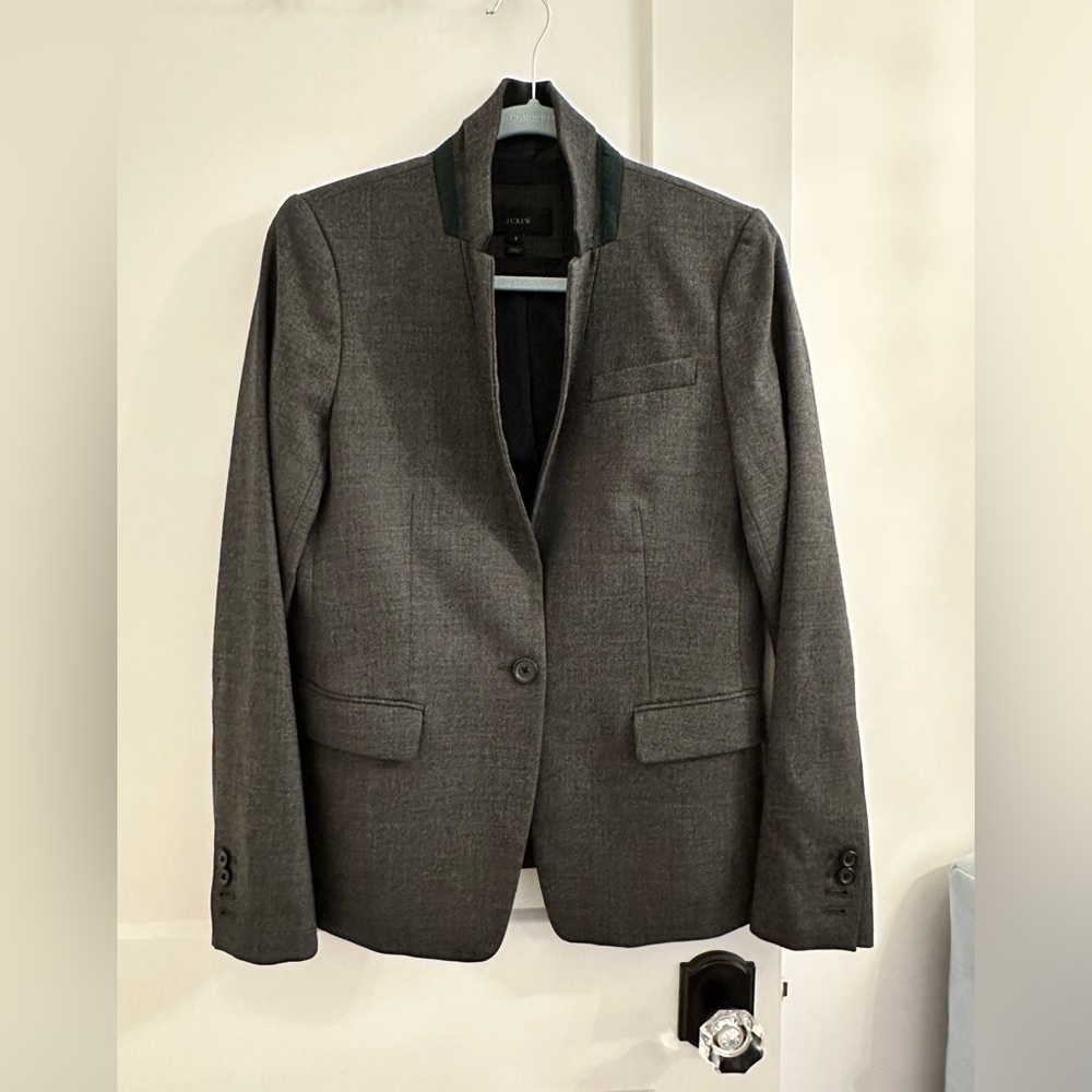 J. Crew Grey wool regent blazer with green tipping.